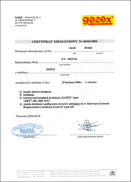 Gazex certyfikat szkolenia